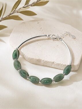 Green Jade & Sterling Silver Beaded Bracelet | Genuine Jade | 925 Sterling Silve